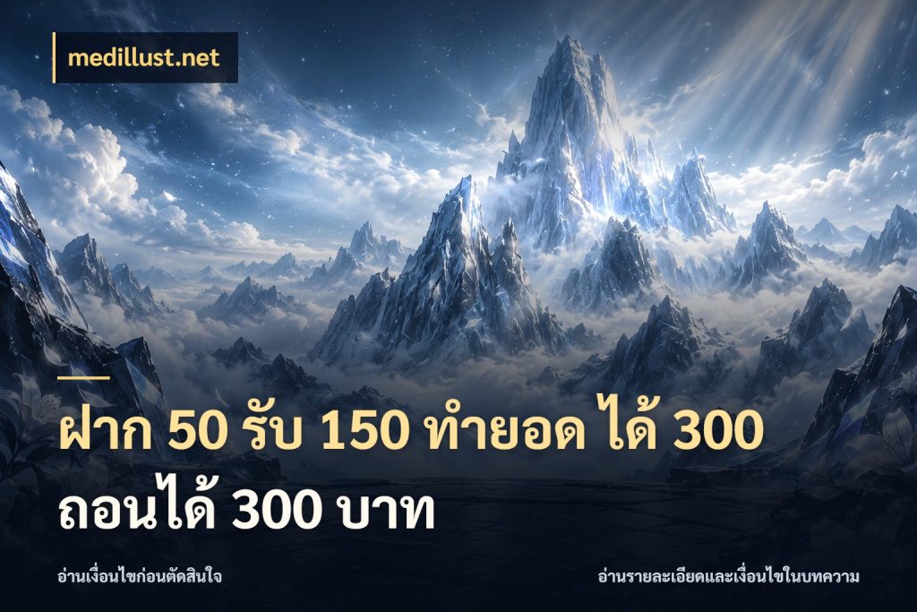 ฝาก 50 รับ 150 ทํายอด ได้ 300 ถอนได้ 300 บาท สีสันของโปรฝากและยอดรับ ในมุม medillust.net
