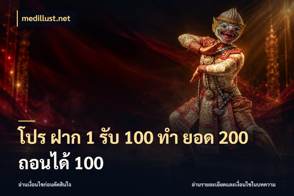 โปร ฝาก 1 รับ 100 ทํา ยอด 200 ถอนได้ 100 เปิดมุมโปรให้เข้ากับเกมแนวโปรด ในมุม medillust.net